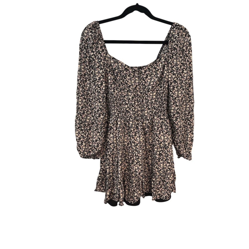 SO Dress Womens Size M Black Floral Smocked Mini Square Neck Long Puff